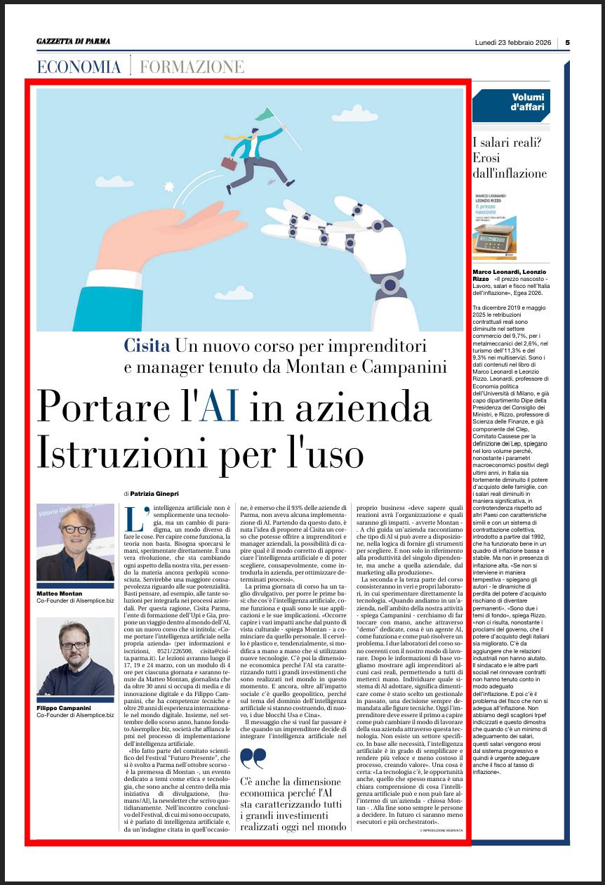 Articolo Gazzetta di Parma del 23 febbraio 2026 su AIsemplice.biz - Portare l'AI in azienda
