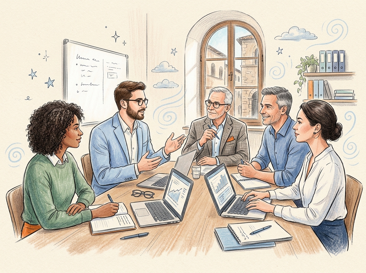 I due fondatori di AIsemplice al tavolo con il management di un'azienda durante un Free AI Check