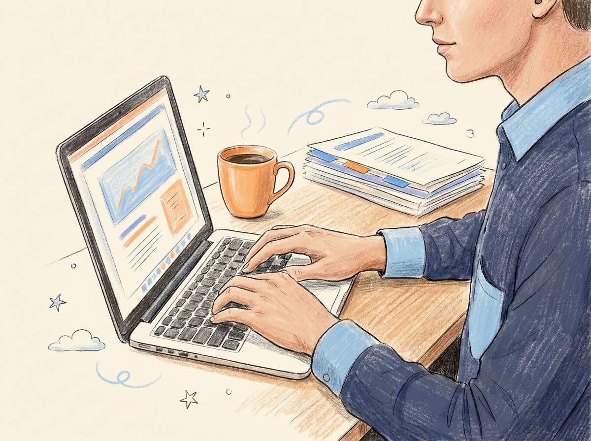 una scrivania vera, una persona al lavoro con lo schermo visibile di scorcio