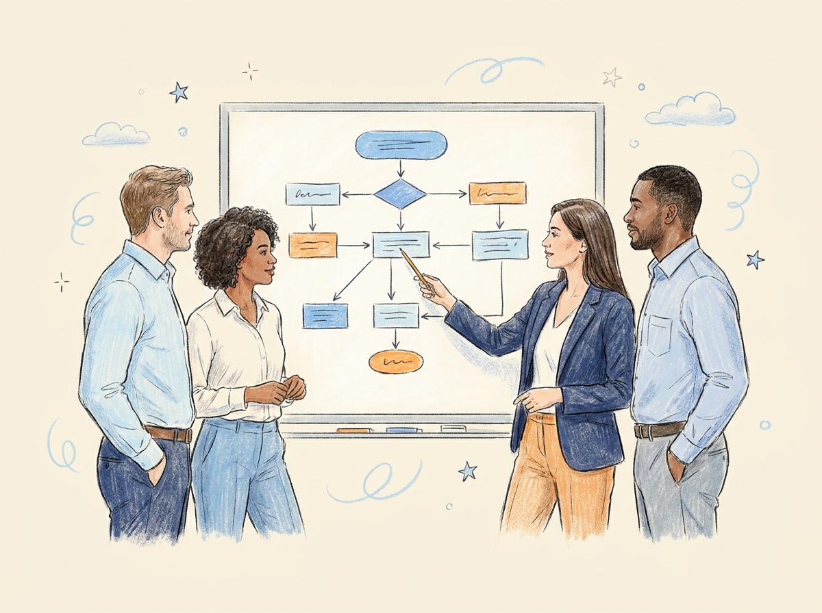 un gruppo di lavoro che discute davanti a uno schema